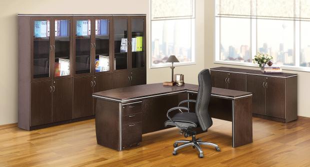desks and storage cabinets